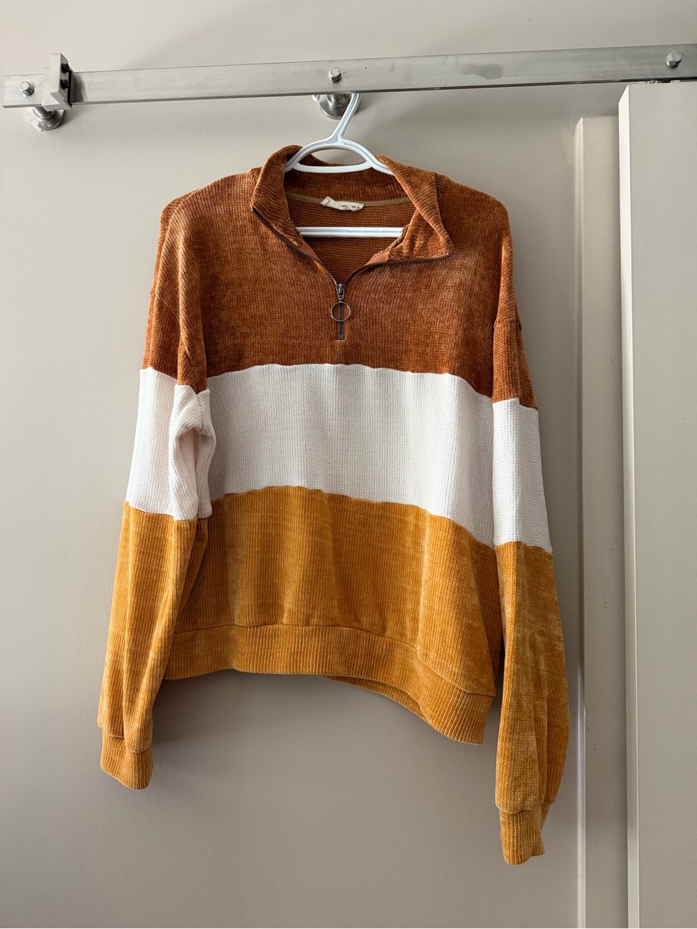 Chenille Quarter-Zip Sweater - Rust, White & Mustard